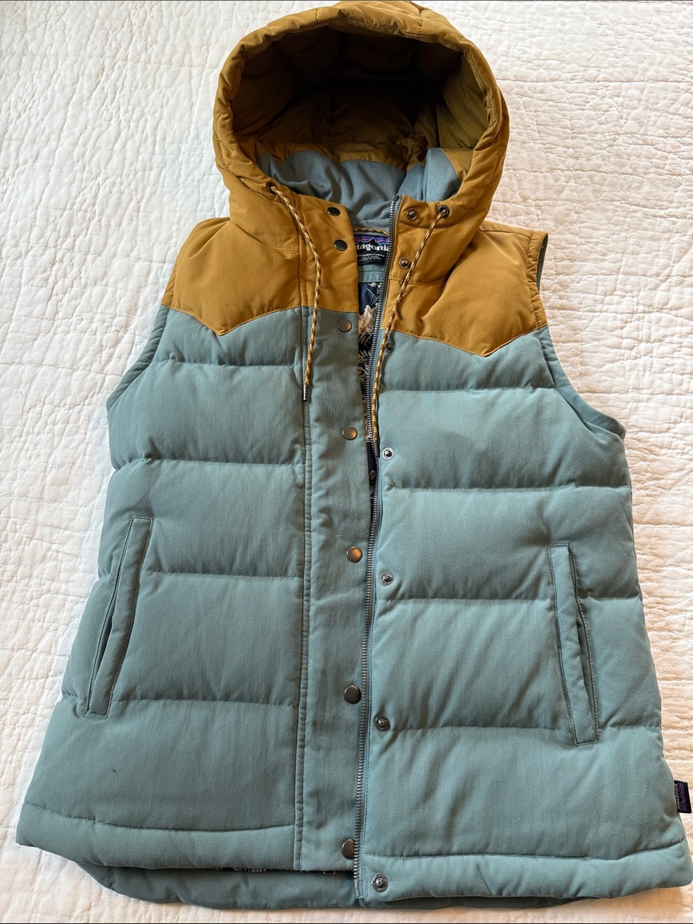 Patagonia Dusty Blue and Mustard Puffer “Bivy” Vest with Hood